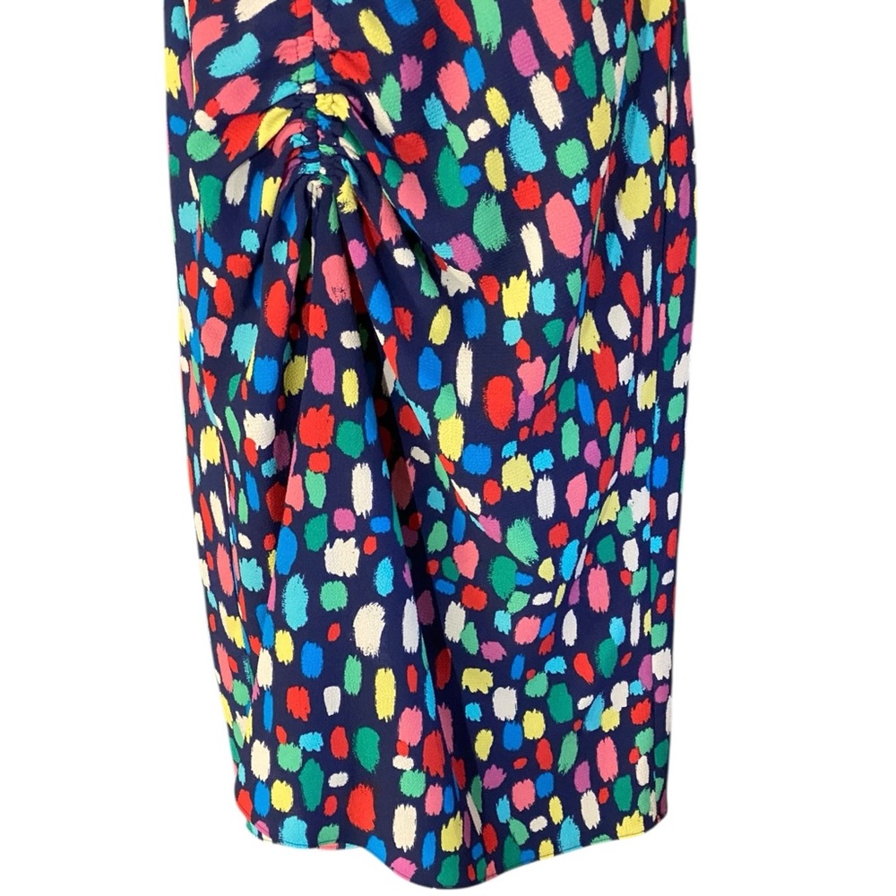 Maggy London Colorful Print Midi Dress 6 Ruched Ruffle V Neck Artsy Cocktail - Picture 5 of 15